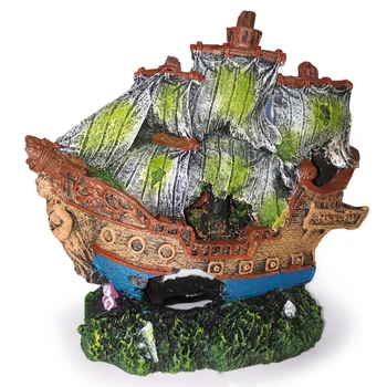 

Aquarium Junk Decoration Resin Boat Fish Tank Vintage Hollow Pirate Sailboat with Base Handmade Ornament Wreck Sunk Ship