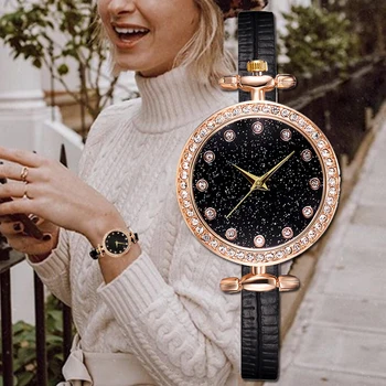 

Disu Brand Women's Vintage Watches Casual Small Leather Wristwatches Simple Leather Rhinestone Quartz Ladies Dress Wrist Watch