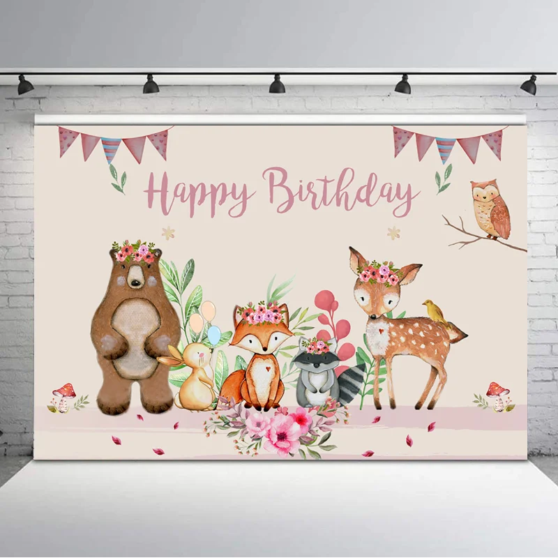 Фон для фотосъемки в лесу с днем рождения милыми животными лисами и медведями
