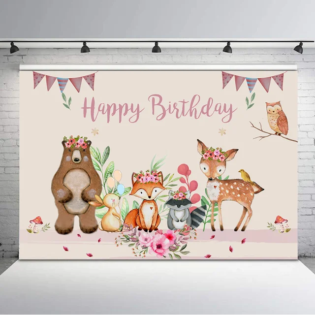 Arriere Plan De Joyeux Anniversaire En Bois Mignon Animal Renard Ours Arriere Plan De Photographie Safari Fleurs Roses Dessert Decorations De Table Accessoires Aliexpress