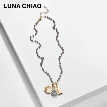 

LUNA CHIAO Beaded Chain Link Necklace Dainty Delicate Natural Stone Coin Plate Charm Pendant Necklace for Summer