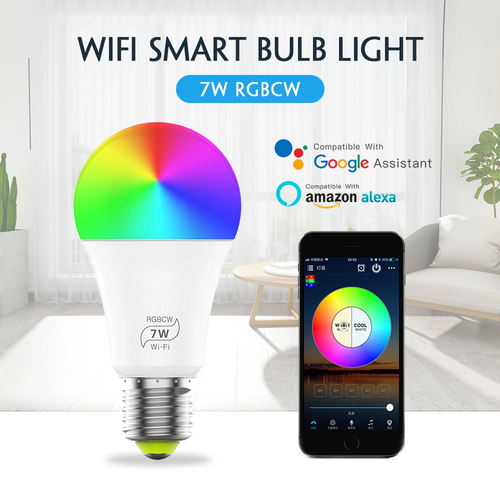 

New LED Bulb Light WiFi RGBCW 7W Smart E27 LED Bulb Timer Voice Control Color changeable by IOS / Android APP Magic Home