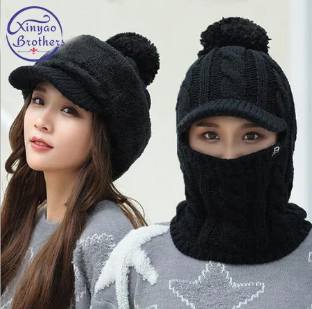 

Female Warm Beanie Hat Riding Snow Caps Winter Women Knitted Hat Scarf Set Hairball Pom Pom Fashion Wool Thickening Hat Collars
