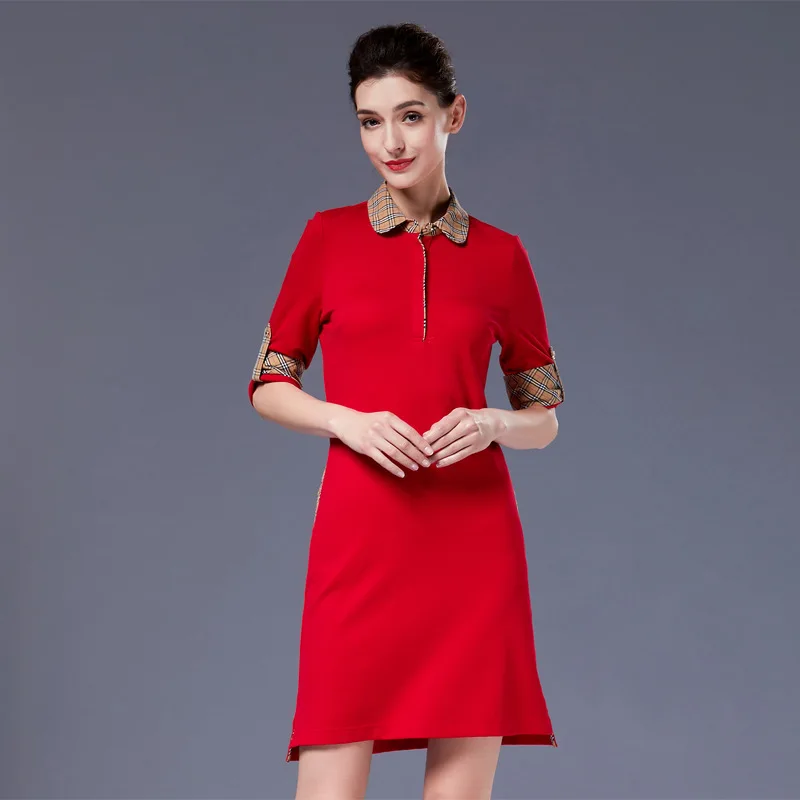 2019 Lente Nieuwe Stijl Drie-kwart lengte Mouwen T Rok Europa En Amerika Slim Fit Fold-down kraag Casual Jurk vrouwen Mid- 2019 Lente Nieuwe Stijl Drie-kwart lengte Mouwen T Rok Europa En Amerika Slim Fit Fold-down kraag Casual Jurk vrouwen Mid-