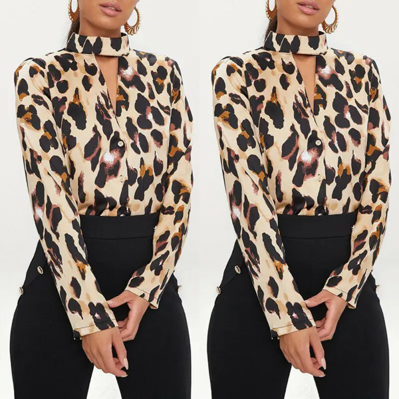 Большие размеры осенние женские с длинным рукавом Холтер шеи кнопки выдалбливают леопардовые Печатные Топы Повседневная рубашка свободные топы