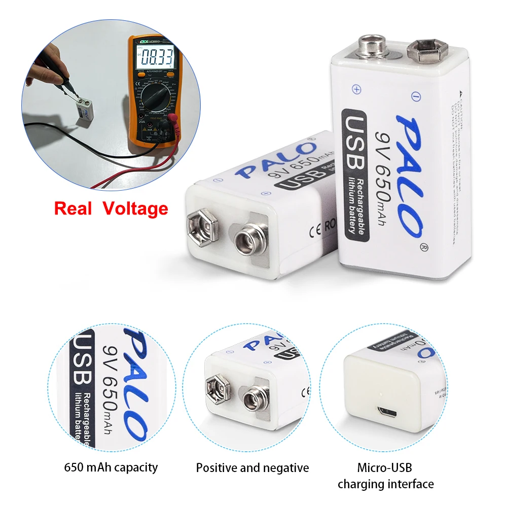 Rechargeable 9V Battery 650mAh Micro USB 9 Volt 6F22 Lithium Crown 9v Batteries for Multimeter KTV Microphone Metal Detector
