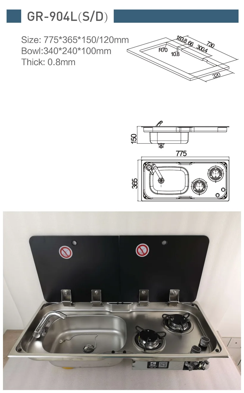 Estufa de gas y fregadero de acero inoxidable combinado con tapa de vidrio  portátil de 1 quemador GLP estufa de gas con grifo encimera cocina de gas