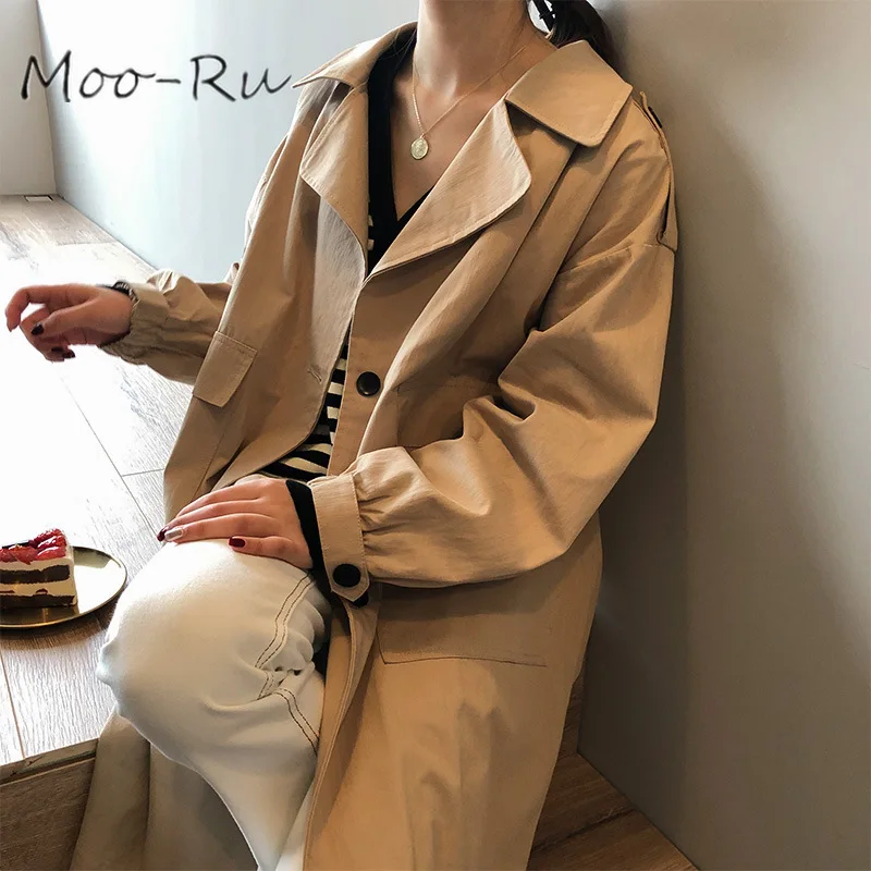 

Moo-Ru 2020 Spring New Medium and Long Style Trench Coat Female Solid Color Long Sleeves Above The Knee Coat Female