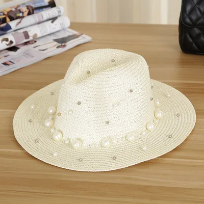 YOYOCORN Sun Visor Beach Hat Flower Pearl rivet Straw Hat Summer Hats For Women Flower Beads Wide Brimmed Jazz Panama Hat - Цвет: Белый