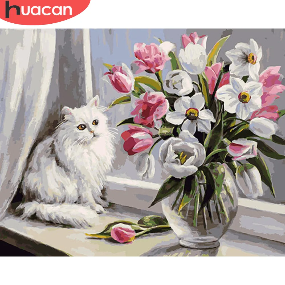 

HUACAN Pictures By Numbers Cat Animal Kits Drawing Canvas HandPainted DIY Oil Painting Flower Home Decoration Art