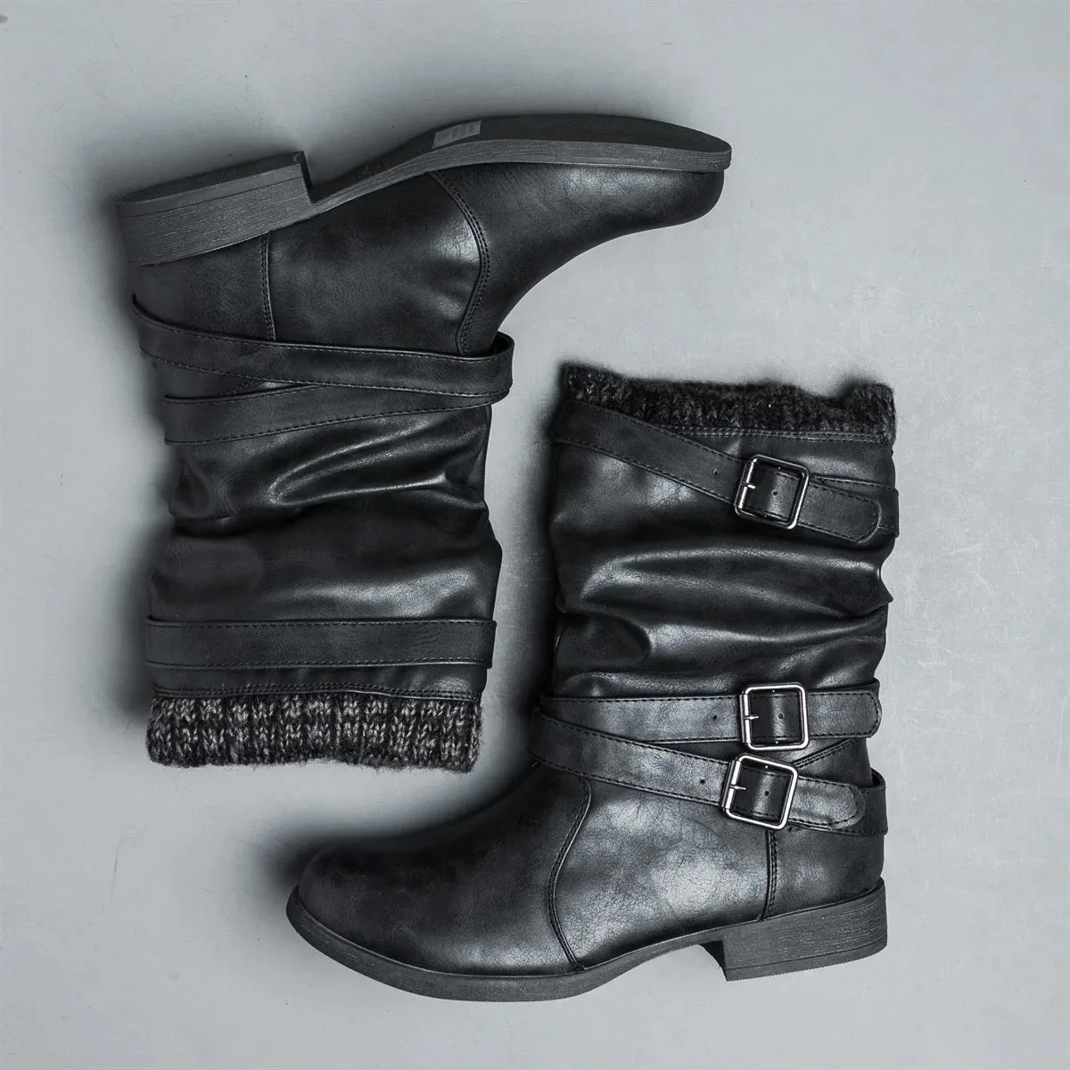 Популярная зимняя обувь; женские ботинки; Новинка года; ботинки до середины икры на толстом высоком каблуке, украшенные шерстью и пряжкой; теплая женская обувь - Цвет: black