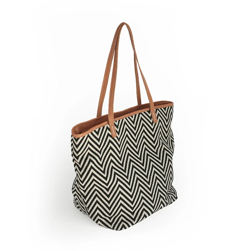 

Vendange original shopping bag simple fashion linen spell leather totes casual women shoulder bag 2525
