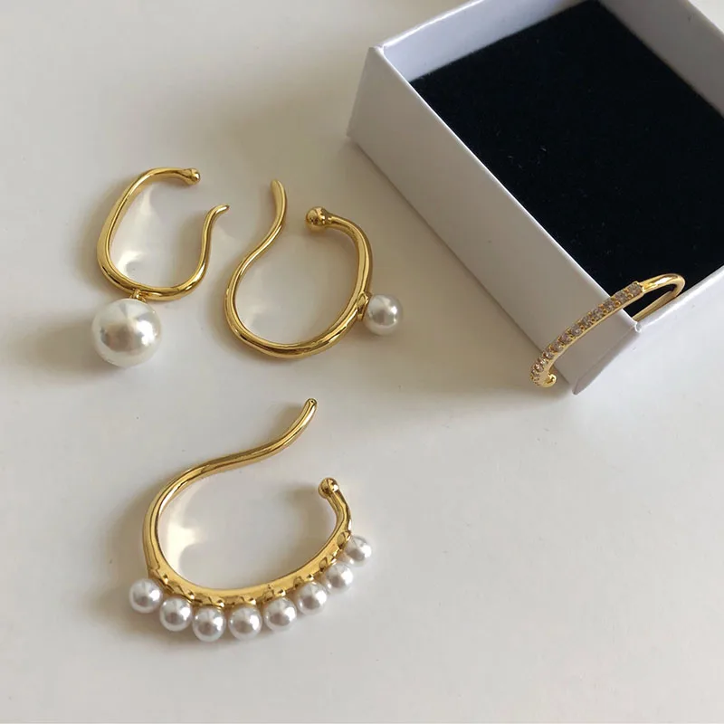 

Pearl ear cuff clip for women without piercing gold color U shape rhinestone setting