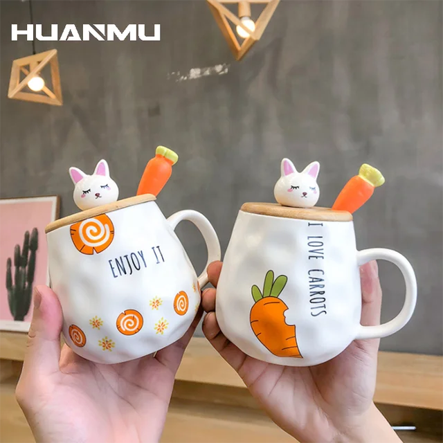 Pack Cute Ceramic Mugs With Rabbit Lids And Spoons, Mugs Kawaii