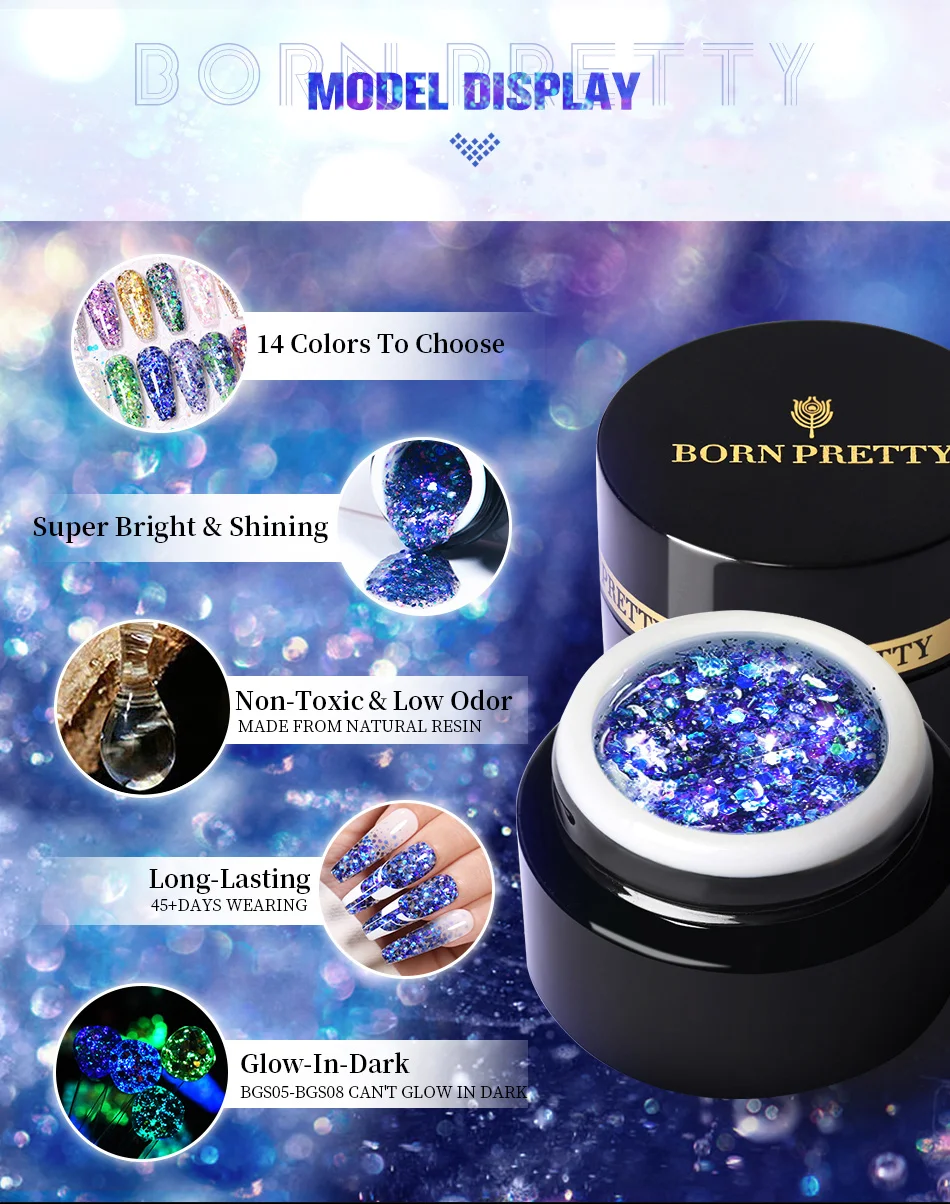 BORN PRETTY Glitter Sequins Gel Nail Polish Glow In The Dark Shining Soak Off Gel Polish Long Lasting Nail Art Hybrid Varnish