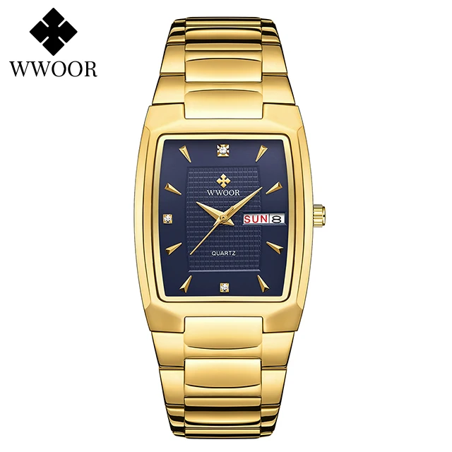 Watches Men WWOOR Brand Casual Simple Men's Quartz Clock Rose Gold Square Waterproof Week Display Wristwatches Relogio Masculino 