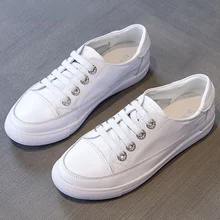 

Women Genuine Leather Sneakers Large Size 35-42 Little White Shoes Fashion Ladies Vulcanized Shoes Woman Summer Flats AA-09