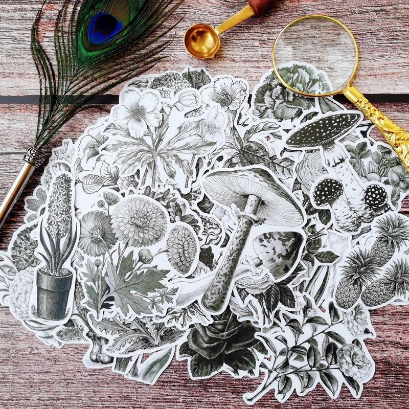 22Pcs/Set Vintage Black Plants Mushroom Sticker DIY Craft Scrapbooking Album Junk Journal Happy Planner Decorative Stickers