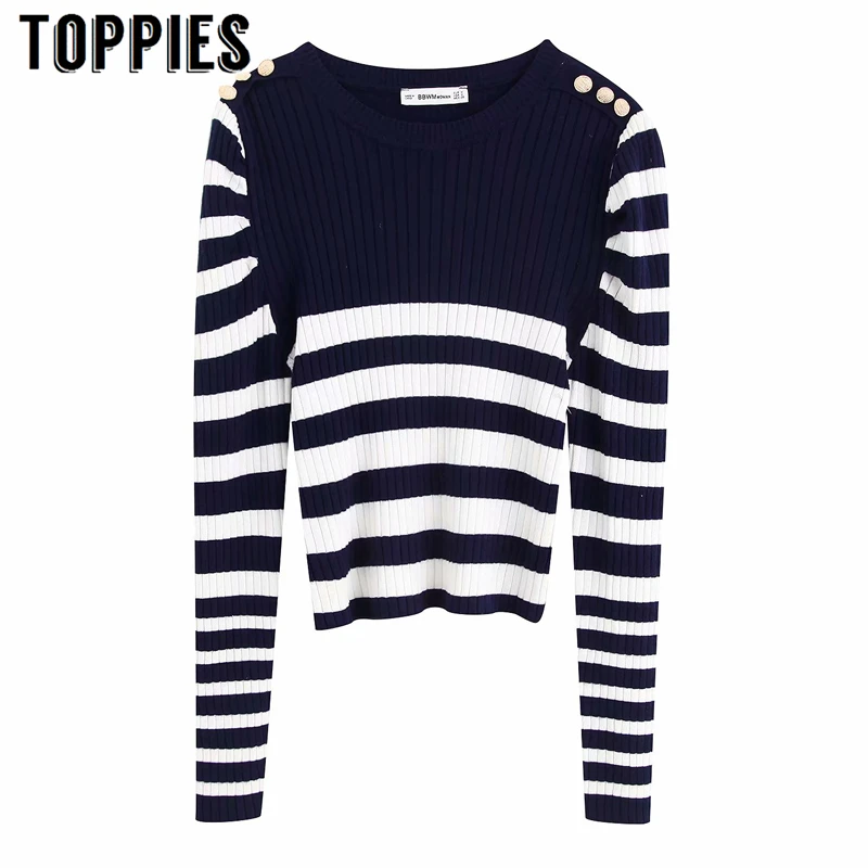 

Puff Sleeve Striped Sweater Women Fall 2019 Long Sleeve Slim Knitting Sweater Round Neck Pullovers Gold Button