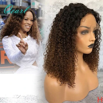 

Lace Front Human Hair Wigs Kinky Curly Ombre Color Pre Plucked Hairline 13x4 150% Density Malaysian Remy Hair Qearl