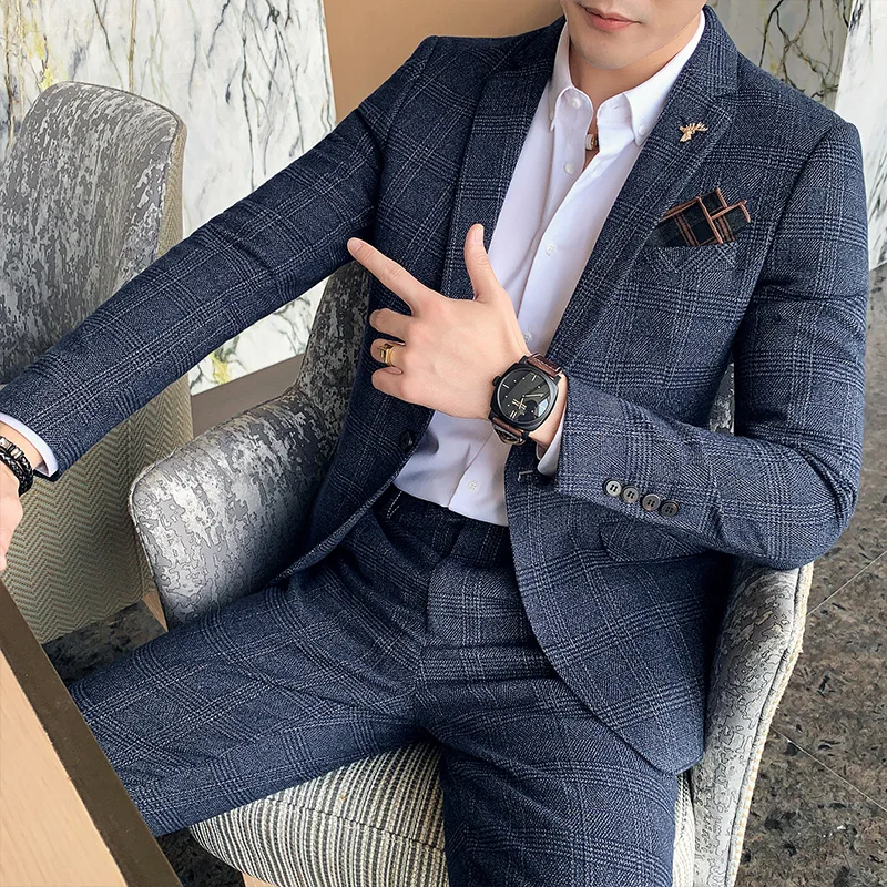 Mens Suit Luxury Men Slim Fit Check Suit Men Business Office Formal Suits 2 Pcs Set Blazers Pant Casual Wedding Social Tuxedo Dress Homme