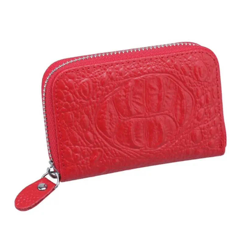 Unisex Genuine Leather Credit ID Card Holder Pocket Wallet Zip Coin Pocket Case - Цвет: Красный