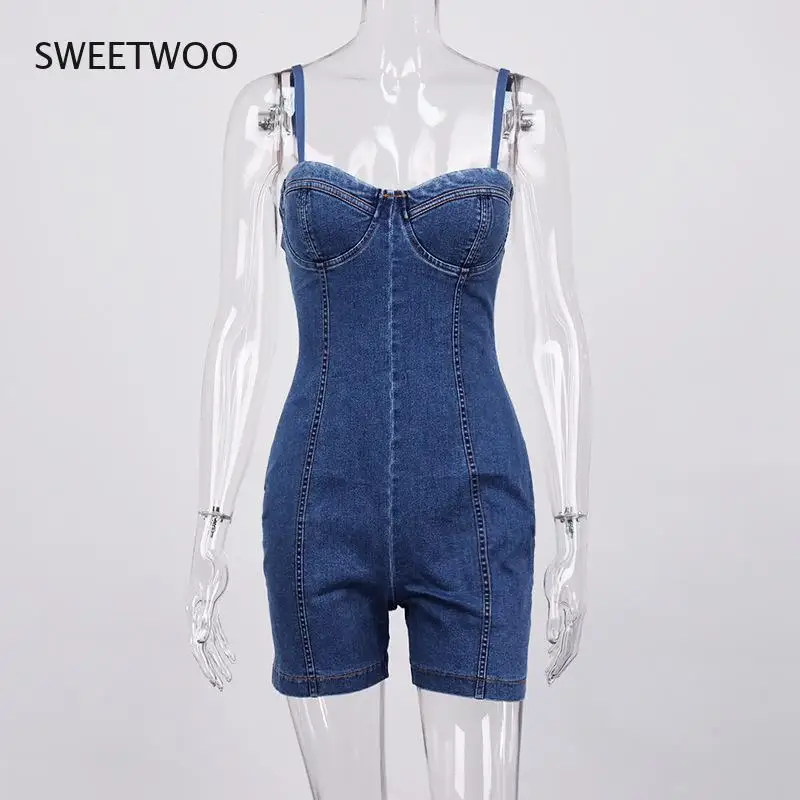 2021 European and American Summer New Style Women's Fashion Denim Tight Backless Tube Top Suspenders One-Piece Short Jumpsuit