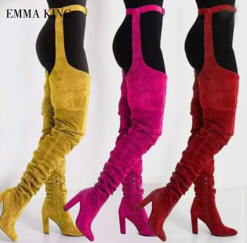 

New Fashion Flock Women Over Knee Long Boots Strap Solid Shoes Pointed Toe Ladies Belt Thigh High Boots Chunky High Heels Boots