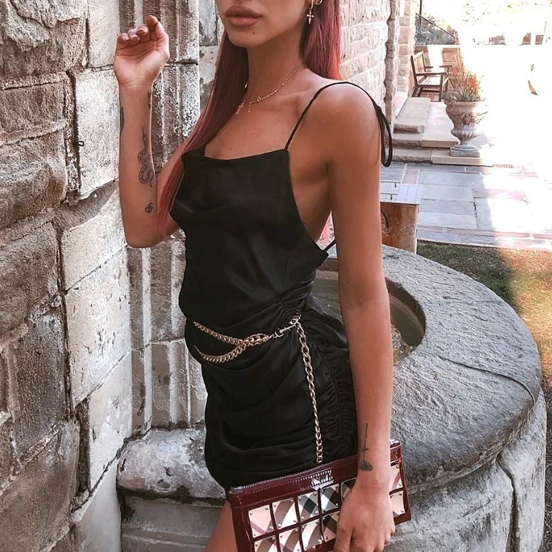 

New Sexy Ladies Dress Fashion Solid Spaghetti Straps Backless Sleeveless Party Women Bottom Length Adjustable Ladies Dress