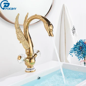 

POIQIHY Golden Swan Basin Faucet Deck Mounted Bathroom Faucet Hot and Cold Water Mixer Tap Bath Water Faucet Basin Sink Taps