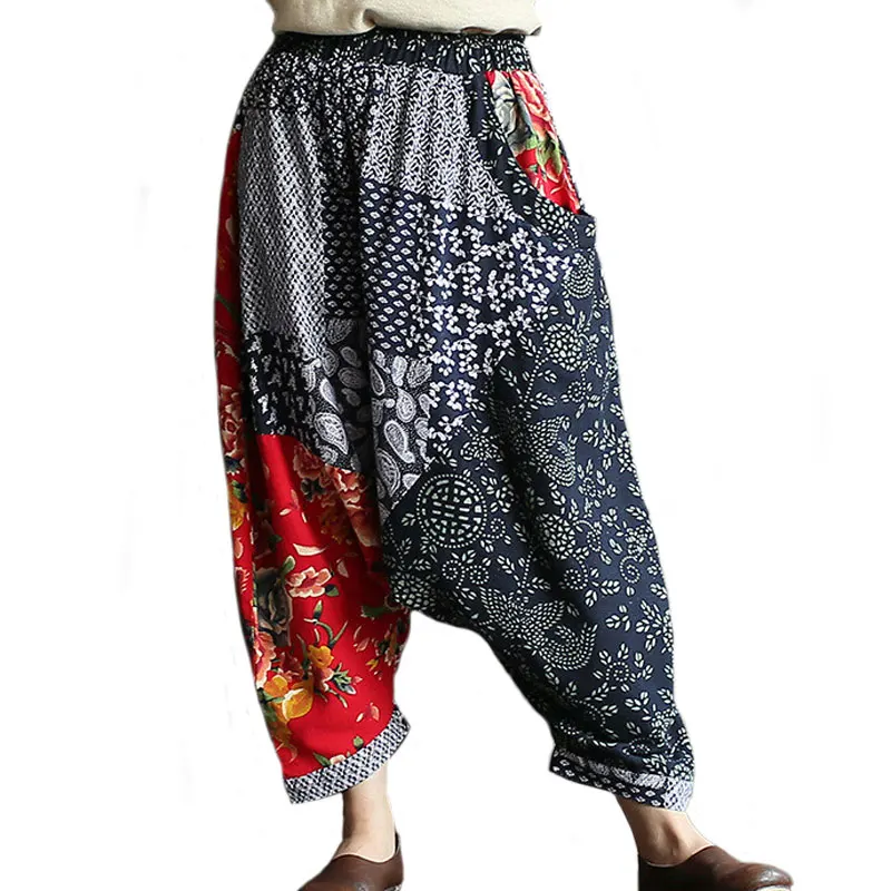 

Summer Women Cotton Linen Pants Vintage Literary Stitching Contrast Color Nine Pants Female Patchwork Loose Wide Trousers Casual