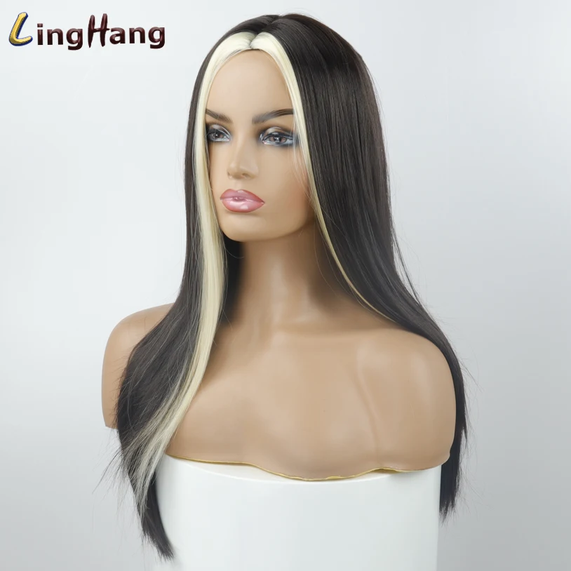 Linghang Black Long Straight Wig For Women Both sides Gold Hair Middle Part Heat Resistant Wavy Cosplay Wig For Girl