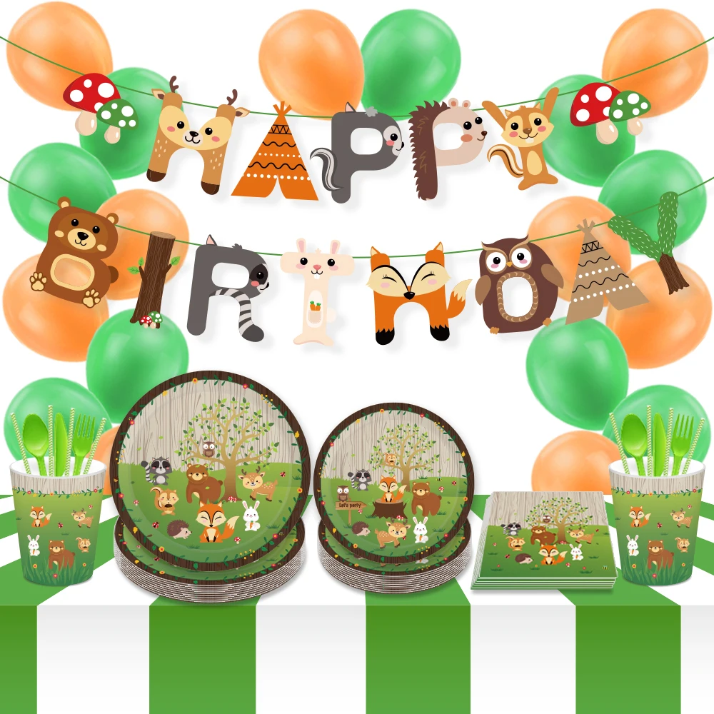 

Woodland Party Decorations Carton Jungle Safari Animals Party Disposable Tableware Kids Baby Happy Birthday Event Party Supplies