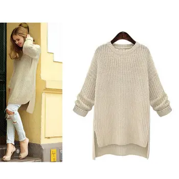 

2020 Irregular O-Neck Cute Solid Knitted Pullovers Sweater 2019 Winter Midi Long Thick Sweaters Girls Loose Casual Split Sweater