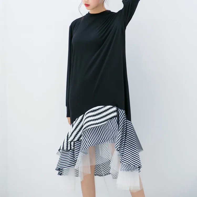 

New Autumn Irregular Hem Dress Women Plus Size Patchwork Striped Cascading Mesh Hem Female Black Dress Vestidos Long Sleeve