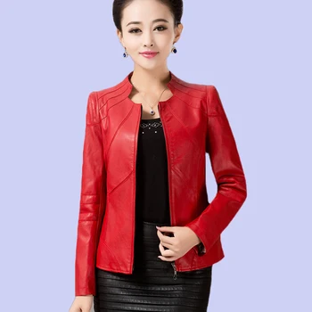 

4XL Plus Size Women Clthing Spring and Autumn New Stand Collar Short Leather Jacket Leather Middle-aged Women Leather Coat