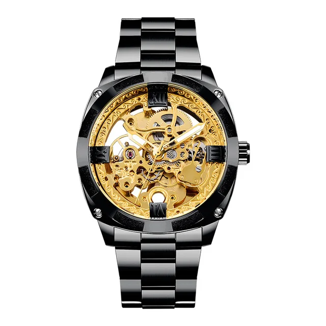 Forsining механические часы с серебряным скелетом наручные часы черные стальные автоматические часы для мужчин прозрачные часы Relogio - Цвет: black gold