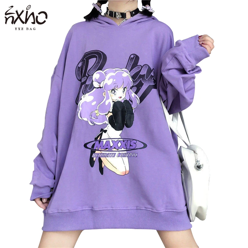 Women Hoodies Cartoon Print Long-sleeves Loose Long Pullover 2021 New Hit Fashion Female Japanese Harajuku Cute Girl Tops Hooded