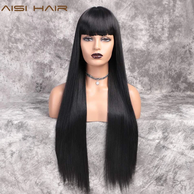 Synthetic-Wig Wigs Bangs Looking-Wig Aisi-Hair Natural-Hairline Black Heat-Resistant-Fiber