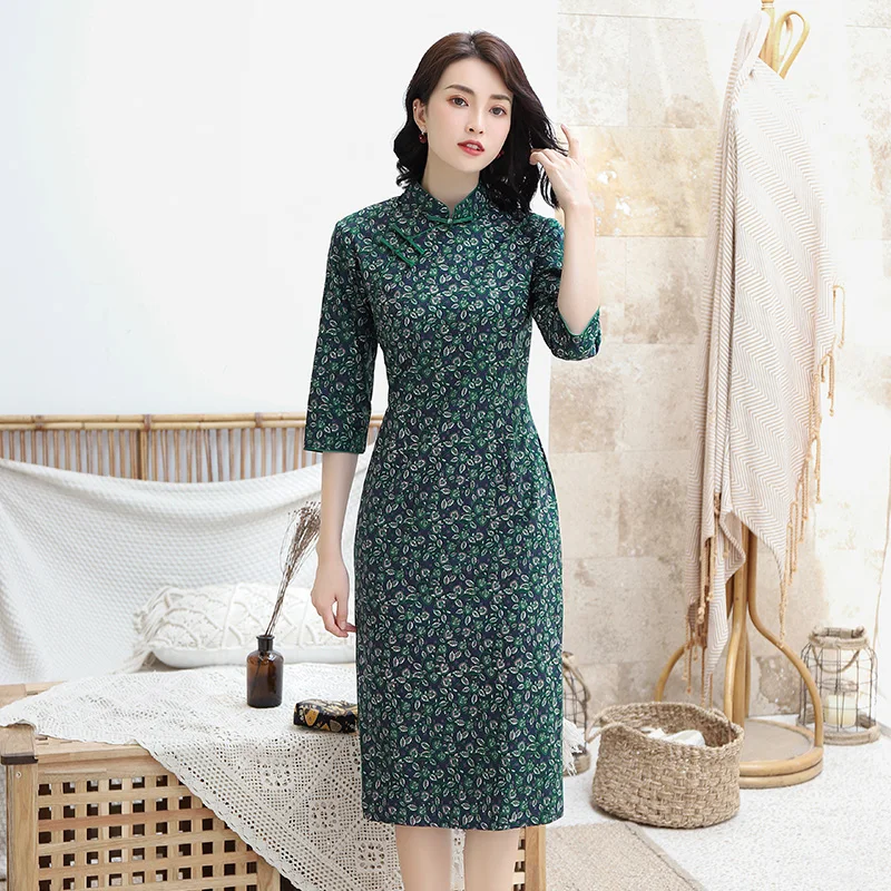 Сексуальное Женское Платье До Колена Cheongsam, весеннее китайское стильное хлопковое платье с воротником-стойкой, женское платье Qipao, тонкое вечернее платье Vestido - Цвет: 3802