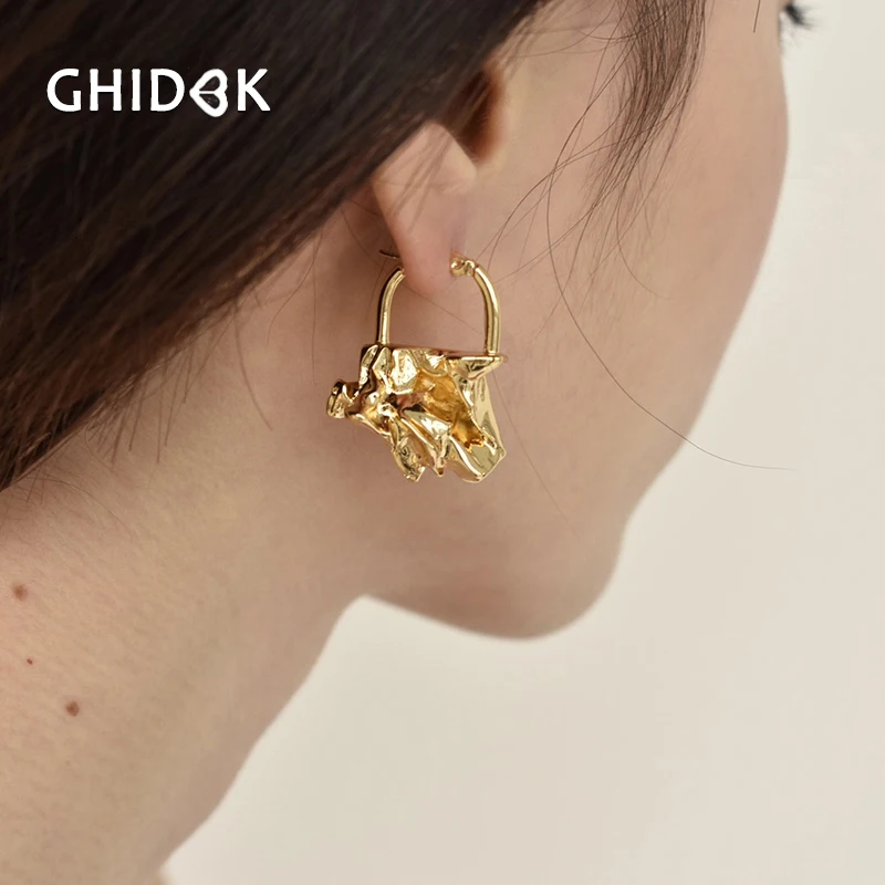 

GHIDBK Unique Design Gold Pleat Hoop Earrings Handmade Small Irregular Folded Earrings Femme Charming Hoops Abstract Earring