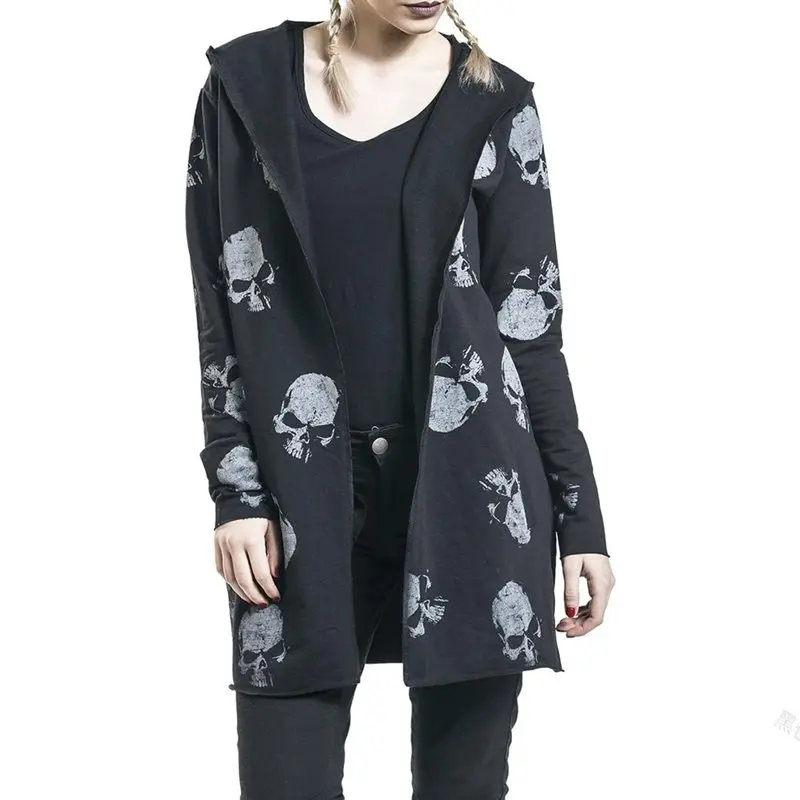 Dark Gothic Skull Printed Trench Coat Women Autumn Black Plus Size 5XL Mid Lendth Hoody Cardigan Punk Rock Hoodies Winter Coats