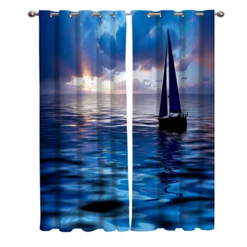 

Boat Sea Waves Blue Clouds Sunset Curtains For Kids Boy Girl Bedroom Living Room Cortinas Custom Drape Kitchen Window Curtains