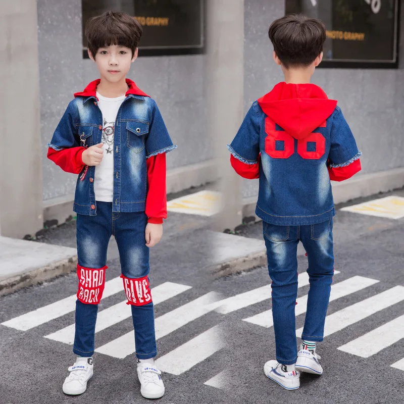 

Childrenswear 2019 Children Autumn New Style BOY'S Students Mixed Colors Hooded Denim Suit Three-piece Set Fashion