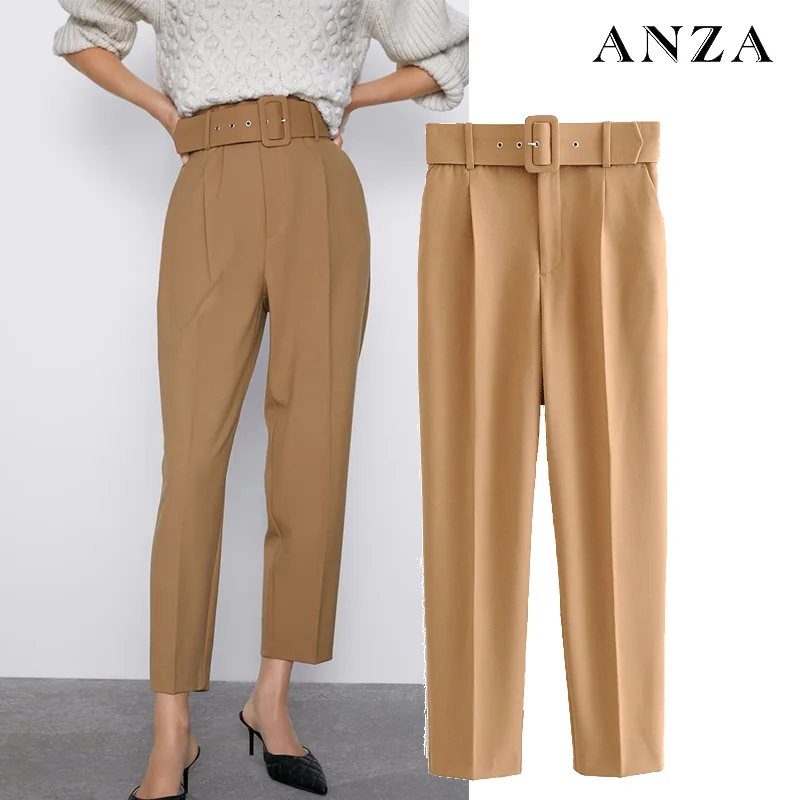ANZA Women England Pants with High Waist Belt Solid Office Lady Candy Color Straight Harem Femme Trousers Black Jumpsuit | Женская