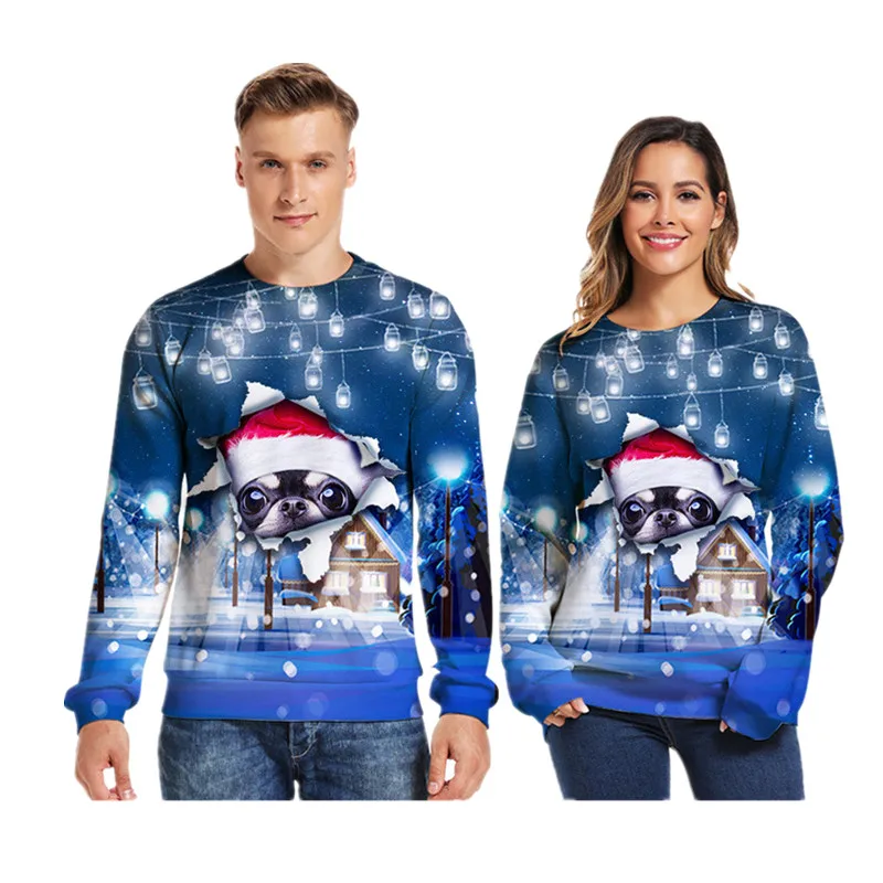 

Ugly Christmas Sweater O Neck Couple Print dog Novelty Ugly Christmas Sweater Unisex Men Women Long Sleeve Pullover
