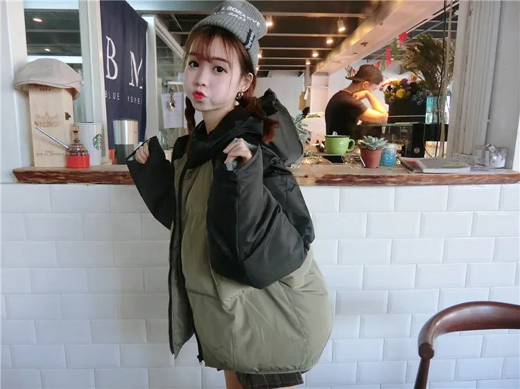 Woherb/ зимние куртки с капюшоном в стиле Харадзюку Женская свободная негабаритная парка корейские теплые стеганые пальто контрастная цветная куртка-пуховик