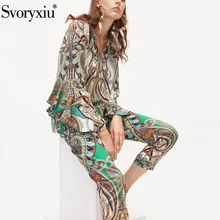 Svoryxiu/модный дизайнерский осенний винтажный комплект со штанами с принтом, женская блузка с v-образным вырезом и рукавами «летучая мышь»+ штаны, высококачественный комплект из двух предметов