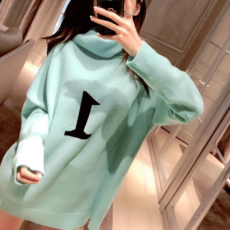 

Women's Sweater Fall / Winter New Mint Green Cashmere Figure 1 Turtleneck Sweater