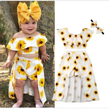 

ins Toddler Flower Print Sunflower Top + Irregular Shorts Pants 2020 New Fashion Baby Kids Sweet Clothes 2 Piece Set Outfit